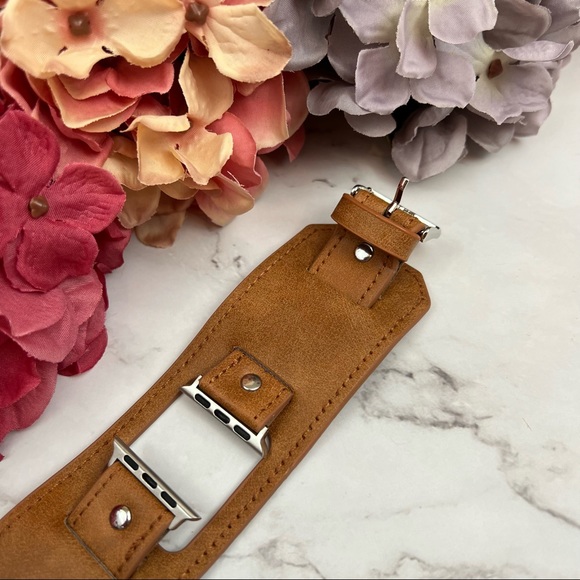Caramel Brown Double Cuff Leather Watchband for Apple iWatch - Picture 7 of 15